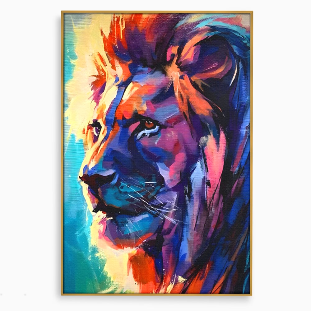 Tablou canvas cu tablou canvas cu leu colorat, in rama de aluminiu auriu